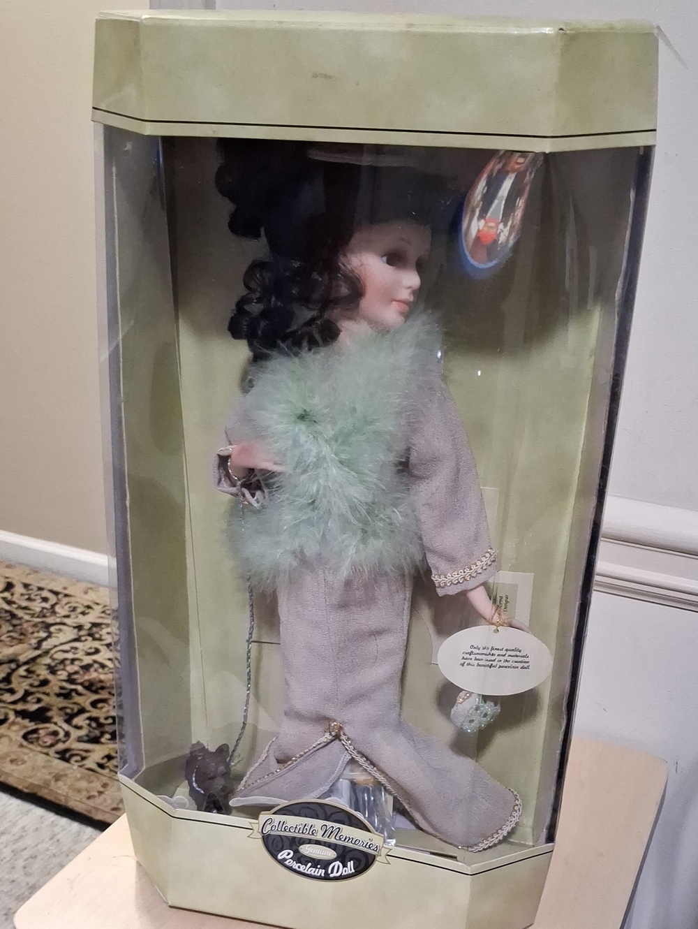 Porcelain Doll in Lavender & Light Green Feathered Outfit
